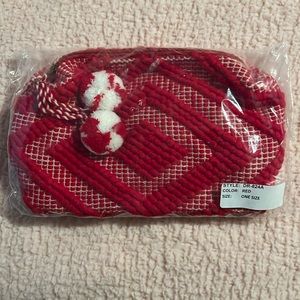 Red Diamond Motif Pom Pom Makeup Bag NWT - (#0239)